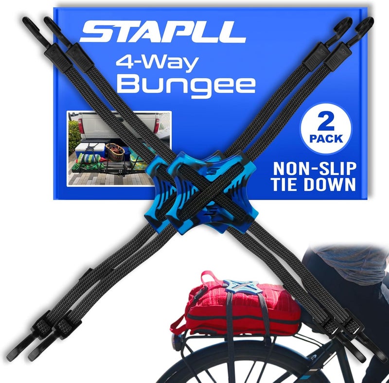 STAPLL حزام تثبيت – حبل بونجي مسطح 4 اتجاهات مع مقبض مطاطي، أحزمة ربط غير قابلة للانزلاق للدراجات النارية، ATV، الكاياك، ركوب الدراجات، التخييم، تخزين الشاحنات، حبال بونجي قابلة للتعديل - عبوة 2 (أسود وأزرق) - Image 1